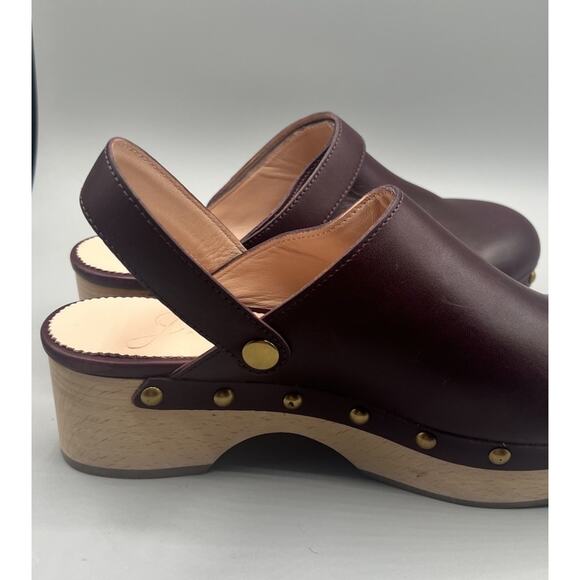 J. Crew Size 7 Convertible Leather Studded Embellished Wood Sole Clogs Shoe Wine - Picture 8 of 9